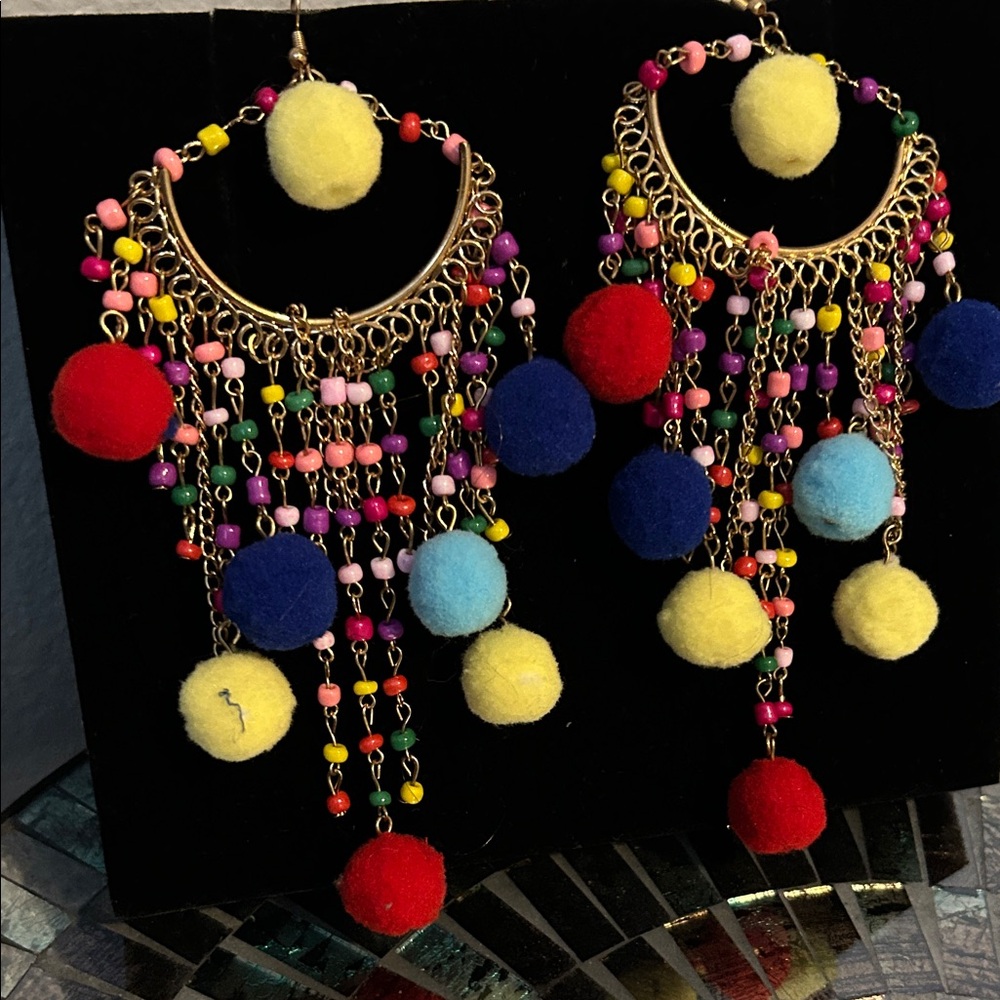 Colorful Pom Pom Chandelier Earrings